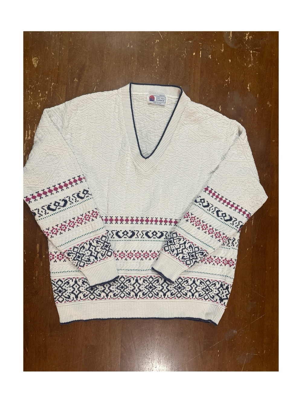 Cotton Harbor Vintage Cream V-Neck Sweater Fair Isle Trim Size Large